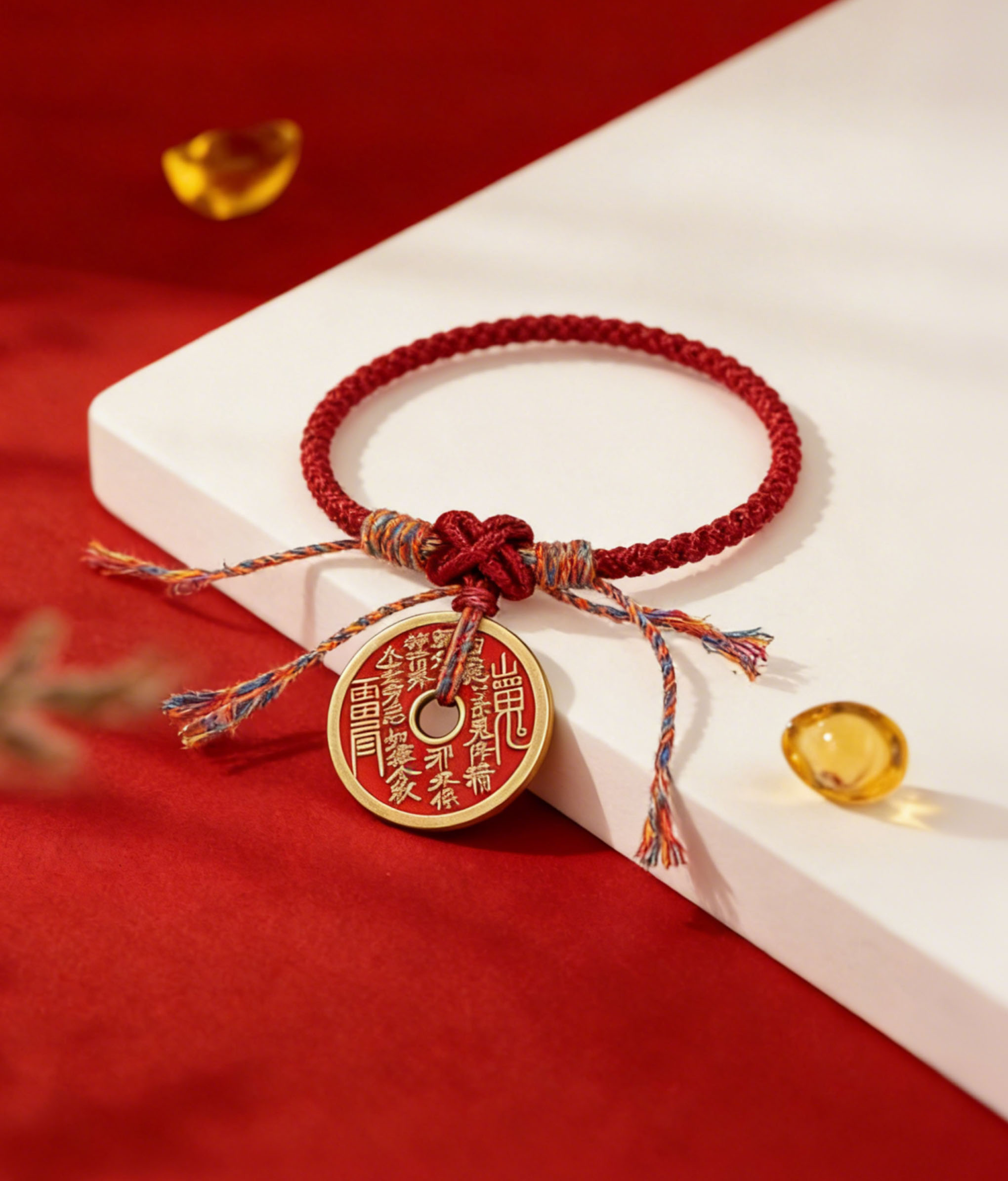 Protection & Luck Braided Bracelet - Vintage Coin, Cinnabar & Crystal Amulet Handmade Red Cord - Image 2