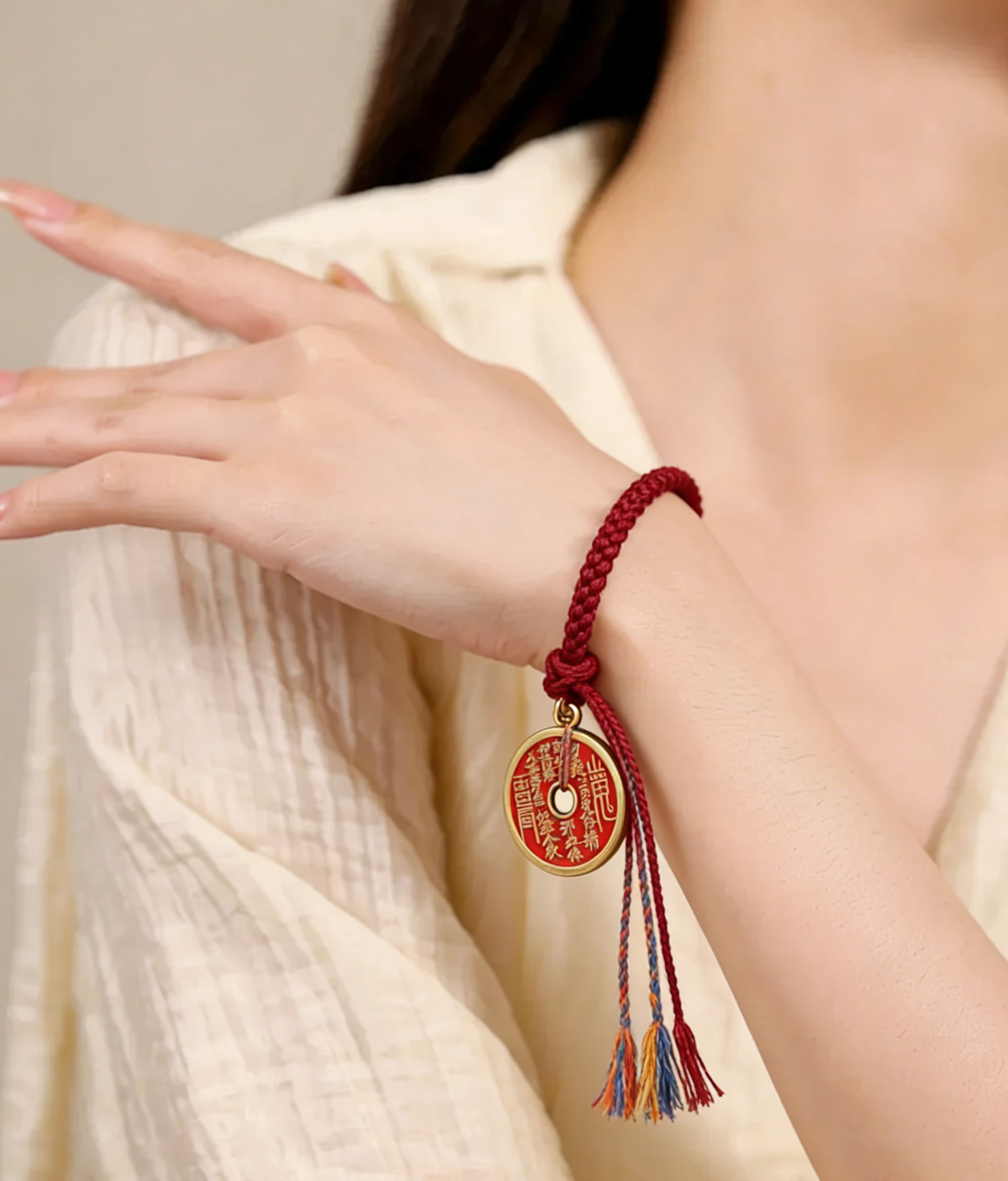 Protection & Luck Braided Bracelet - Vintage Coin, Cinnabar & Crystal Amulet Handmade Red Cord - Image 4