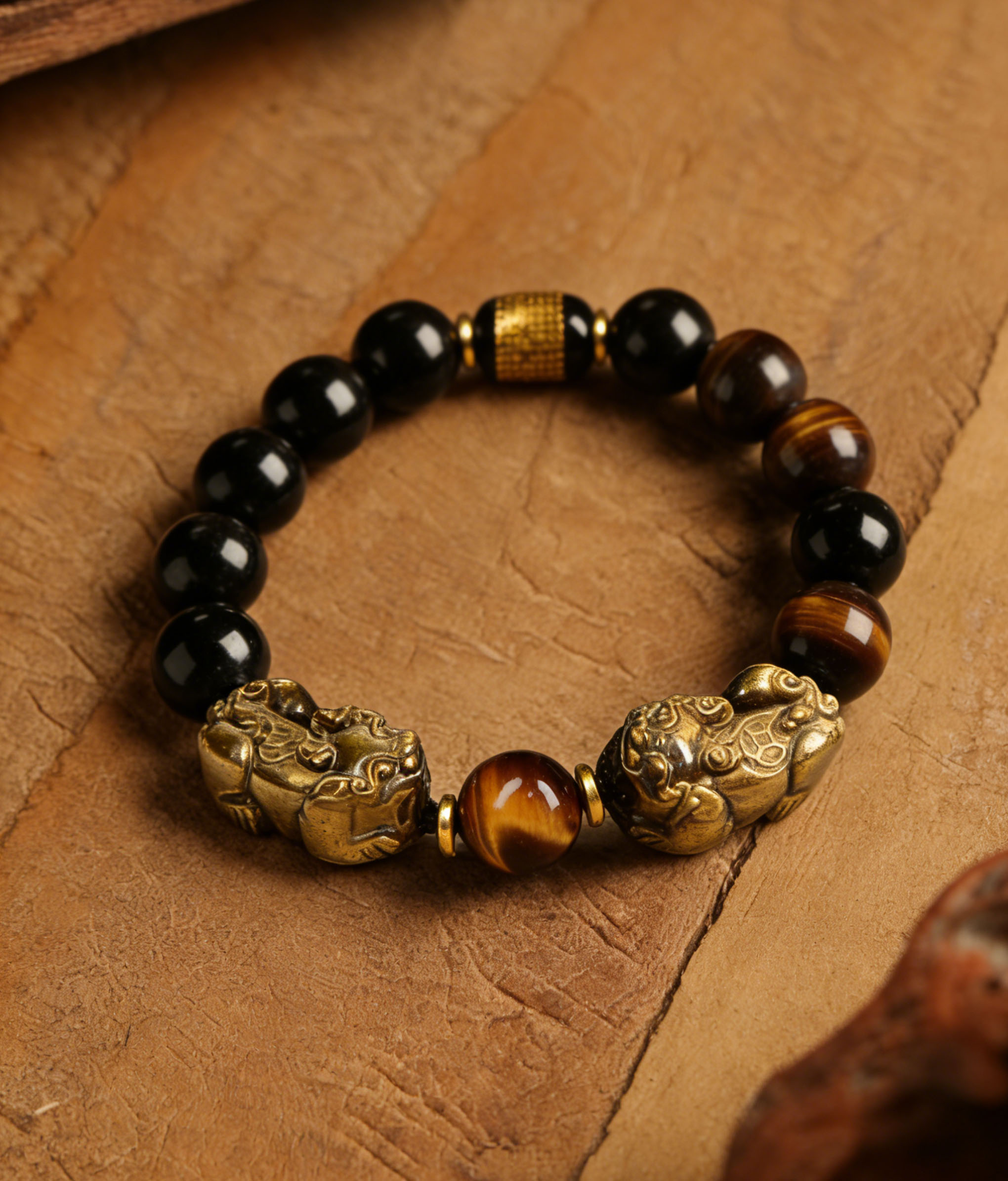Gold Sheen Obsidian & Tiger Eye Bracelet - Wealth Guardian Beads with Pi Xiu Charm - Image 4