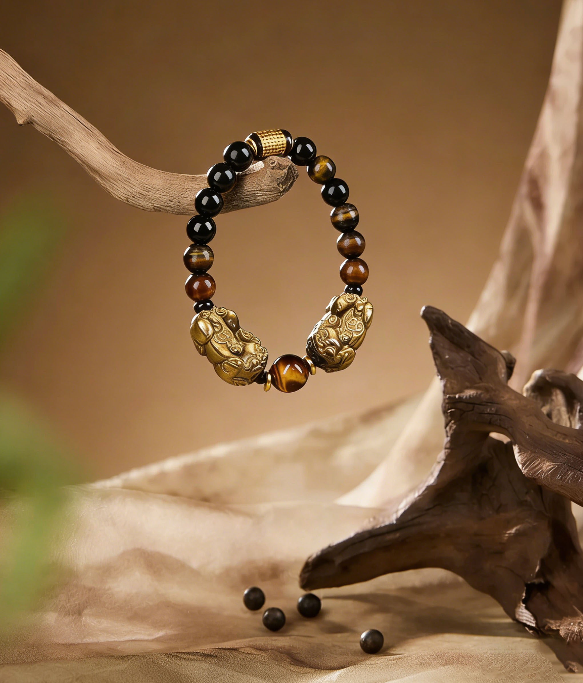 Gold Sheen Obsidian & Tiger Eye Bracelet - Wealth Guardian Beads with Pi Xiu Charm - Image 3