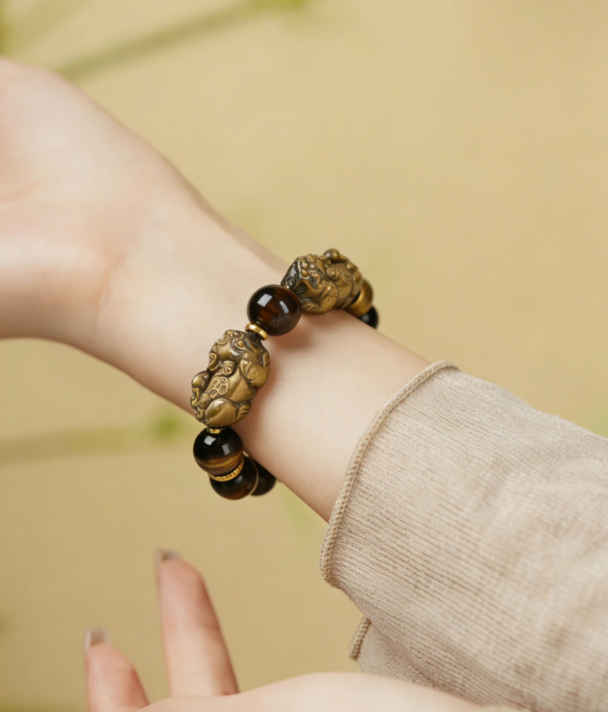 Gold Sheen Obsidian & Tiger Eye Bracelet - Wealth Guardian Beads with Pi Xiu Charm - Image 2