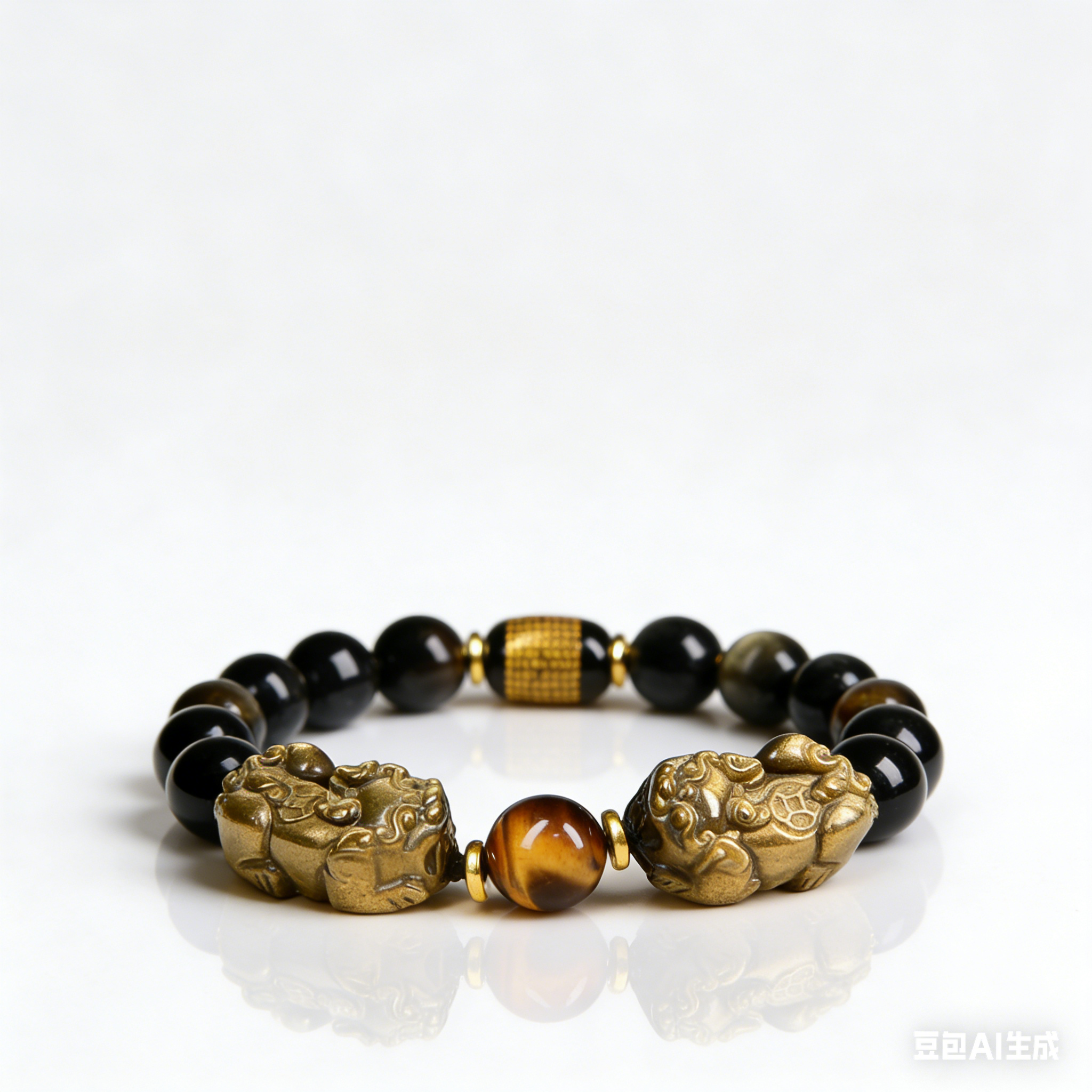 Gold Sheen Obsidian & Tiger Eye Bracelet - Wealth Guardian Beads with Pi Xiu Charm