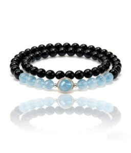Double Strand Obsidian & Aquamarine Crystal Bracelet|Five Elements Energy Shifting & Wealth Flow Jewelry